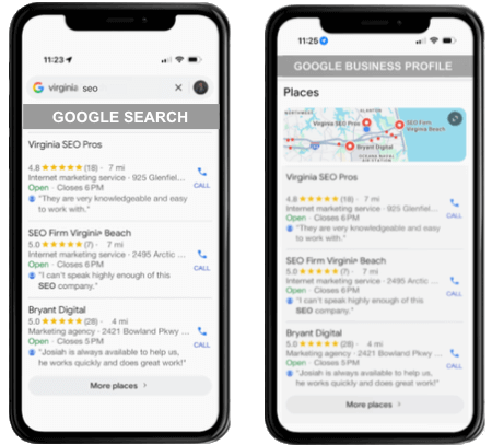 two-iphones-displaying-google-serp-results-and-google-business-profile